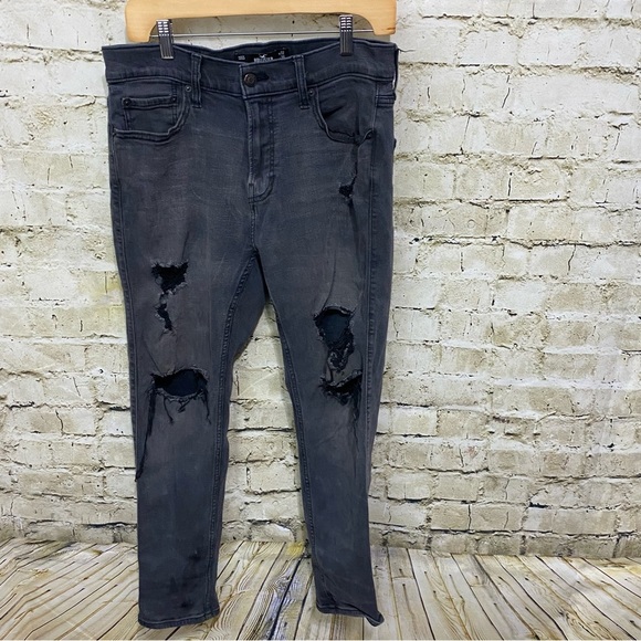 Hollister Black Wash Distressed Destroyed Taper Leg Stretch Jeans - Picture 1 of 6